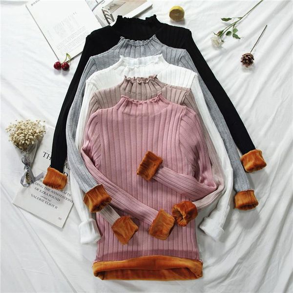

women's sweaters korean women turtleneck sweater plus velvet warm woman thermal thick elastic long sleeve knit xl1, White;black