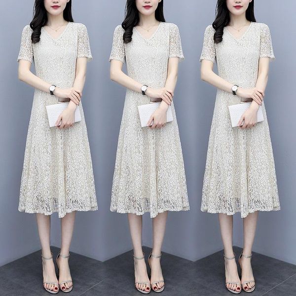

new women floral lace dresses short sleeve party casual color black mini dress high-quality noble show temperament skirt size -5xl, Black;gray