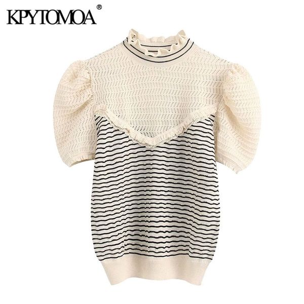 

kpytomoa women fashion patchwork striped ruffle knitted sweater vintage high neck short sleeve female pullovers chic y200720, White;black