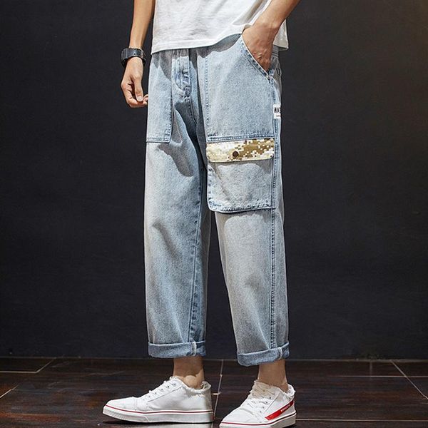 

men loose trendy pocket pants straight denim jeans trendy loose fatty plus size 28-42 new nine-point jeans, Blue