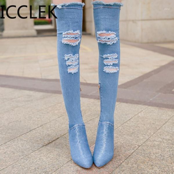 

2020 women denim over the knee boots 10cm high heels ripped jeans fetish long high thigh boots stiletto stripper cowboy shoes1, Black