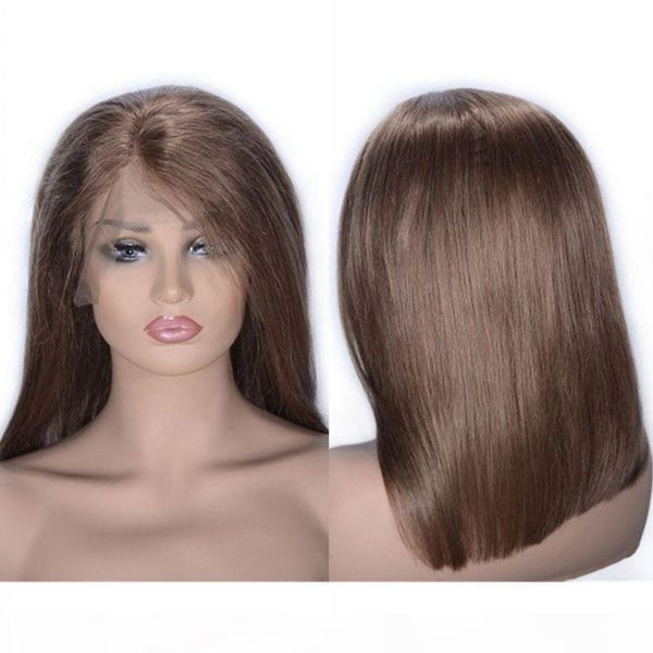 

straight lace front wig 6# mongolian hair full end part human hair bob wig for women, Black;brown