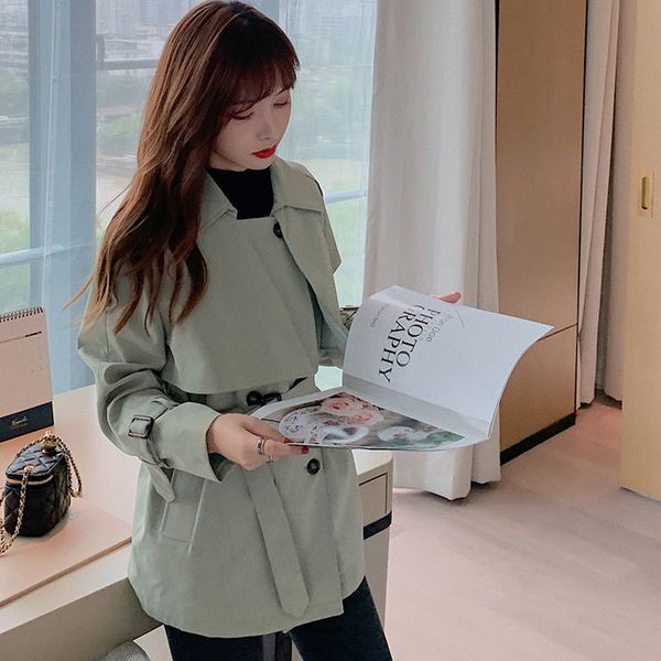 

short windbreaker women's 2020 autumn popular english style trench waist belt casual coat, Tan;black