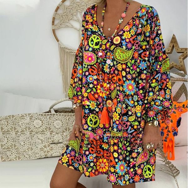 

5xl dress women loose print short sleeve mini sundress summer dress ruffle boho floral print vestidos femme plus size #p15, Black;gray