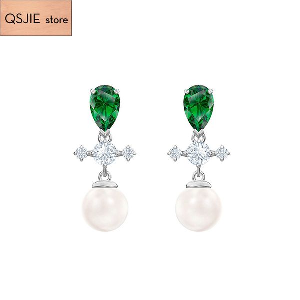 

qsjie high-quality swa. {new model} big pearl cross green crystal lady's earrings charming fashion jewelry, Golden;silver
