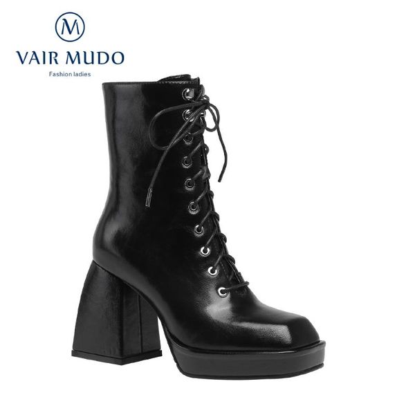 

vair mudo 2020 new fashion women boots autumn winter thick high heels genuine leather cross-tied black white thick bottom dx85l