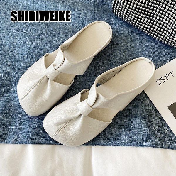 

slippers pu leather low heel shoes women round toe pleated summer outdoor fashion half sandals 2021 vb027, Black