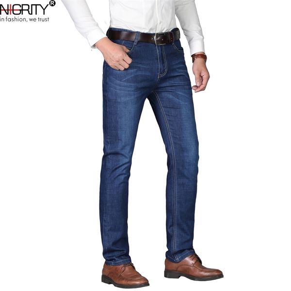 Nigrity Man Jeans Nova Moda Negócio Casual Denim Calças Homens Reta Corte Leve Calças de Estiramento Grande Tamanho 29-42 4 Color 201120