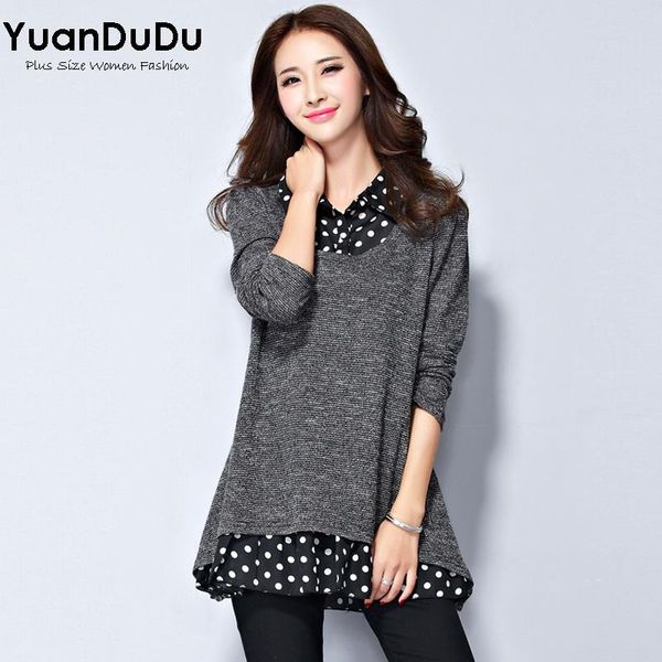 

women's sweaters xl-5xl plus size sweater women 2021 autumn winter fashion polka dot shirts collar patchwork long sleeve knitted pullov, White;black