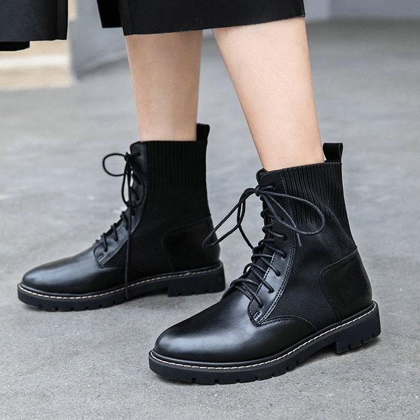 

2020 женский вязание из натуральной кожи мотоциклов boots новый ночной клуб обувь женщина осень зима панк женщины теплый ботильоны, Black