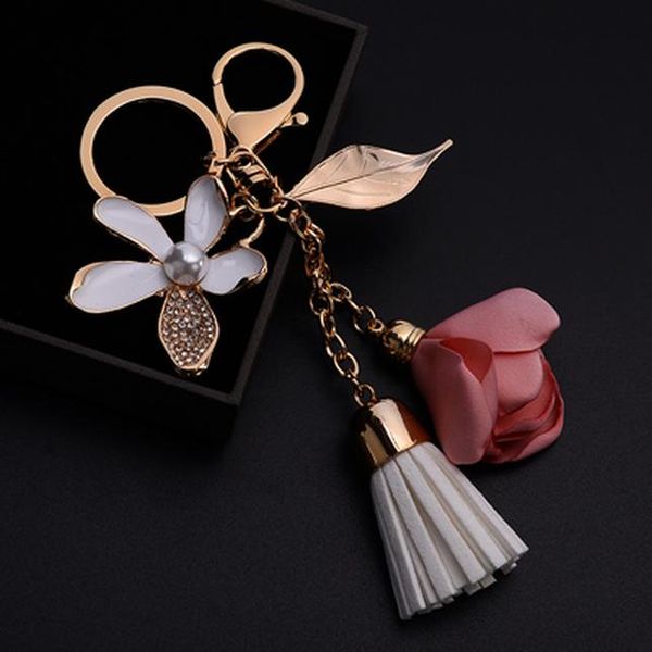 

new pu leather tassel keychain for women crystal flower keyring bag charm for keys porte cle llavero sleutelhanger ch977 h wmtezd, Slivery;golden