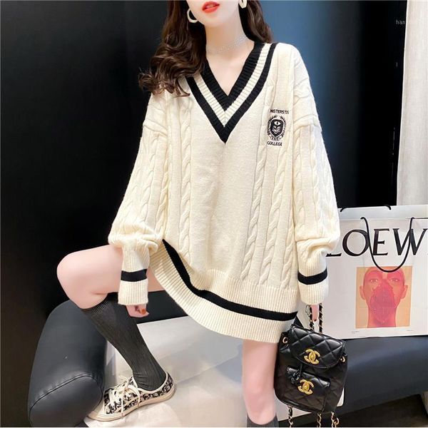 

lazy style embroidered sweater women early autumn and winter new ins super fire student twist jk uniform v collar sweater, White;black