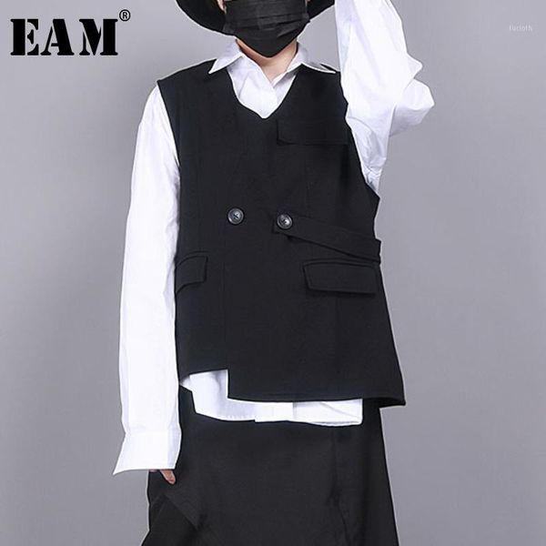 

eam] women loose fit black asymmetrical split big size vest new v-collar sleeveless fashion tide spring autumn 2020 1r8531, Black;white