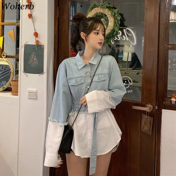 

woherb blouse patchwork denim jacket 2020 korean streetwear jeans jacket chic style loose coats with belt chamarras de mujer, Black;brown