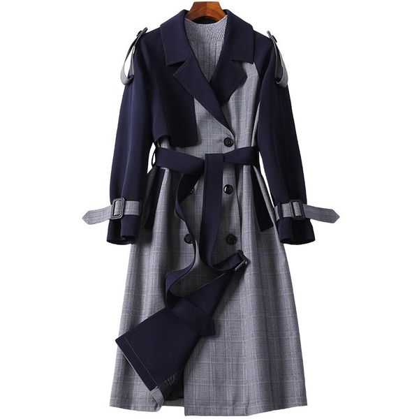 

spring women trench coat classic double breasted belt vintage plaid long trench ladies casual fashion business outerwear r74, Tan;black