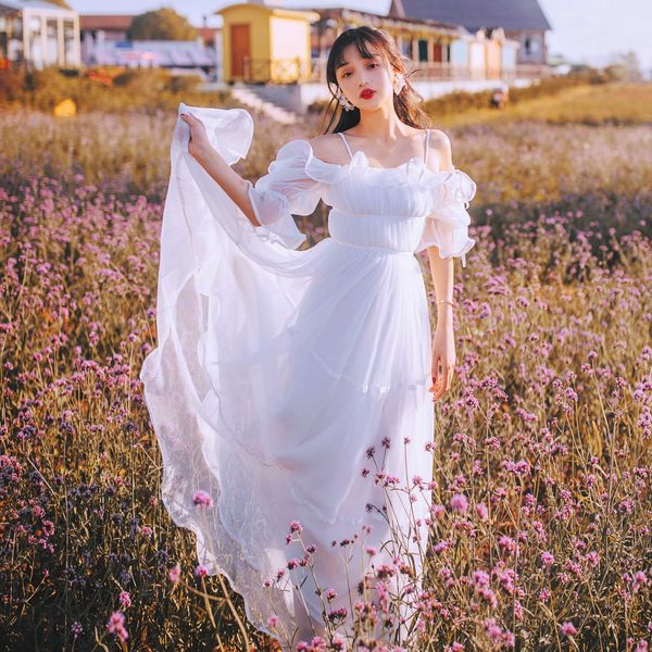 

solid white slash neck dressed 2021 new summer short vintage sleeve elegant evening party woman long dress 0r9v, Black;gray