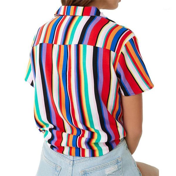 

printing short sleeve woman blouse summer woman blouse striped rainbow shirts1, White