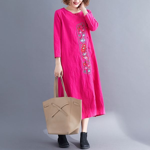

autumn new style women's clothing artistic temperament large medium length round dress dresscotton and linen dressneck cotton linen emb, Black;gray
