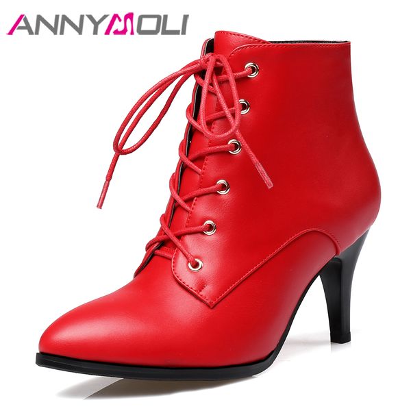 

annymoli women boots winter ankle boots zipper high heel short boots lace up pointed toe square heel shoes lady red big size 43 y1221, Black