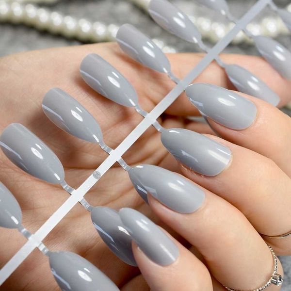 

false nails 24pcs candy grey short stiletto fashion pointed nail diy art manicure product, Red;gold