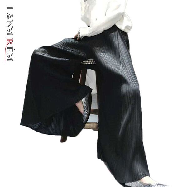 

lanmrem new autumn elastic high waist wide leg pants women streetwear loose all-match pleated trouser tide pd746 201109, Black;white