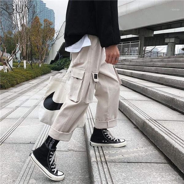 

solid khaki black pockets cargo pants men loose ankle length tactical pants male fashion casual streetwear korean mid1