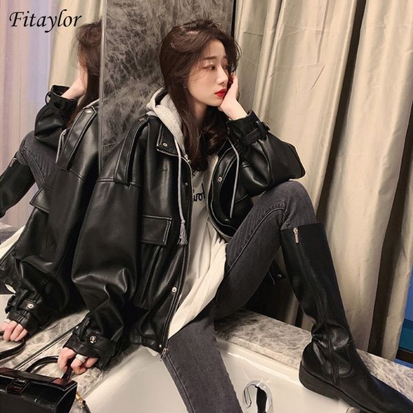 

fitaylor new autumn women streetwear black pu faux soft leather jacket casual female fake 2 piece hooded zipper loose biker coat lj201012