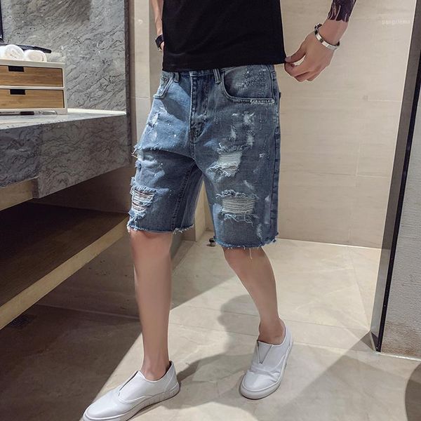 

summer new plus fat xl men's jeans korean fashion loose denim shorts super handsome brokean hole mens short jeans1, Blue