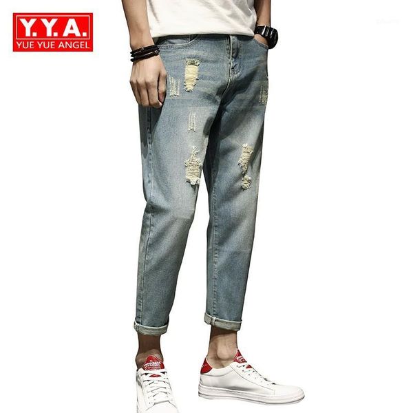 

spring summer men ankle length jeans washed hole ripped boys student casual fashion slim fit skinny pants male denim trousers1, Blue