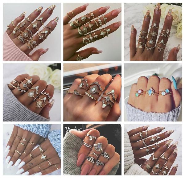 

vienkim boho старинные золотые звезды коллиозные кольца для женщин boho crystal star crescent геометрические женские кольца пальцев набор юв, Golden;silver