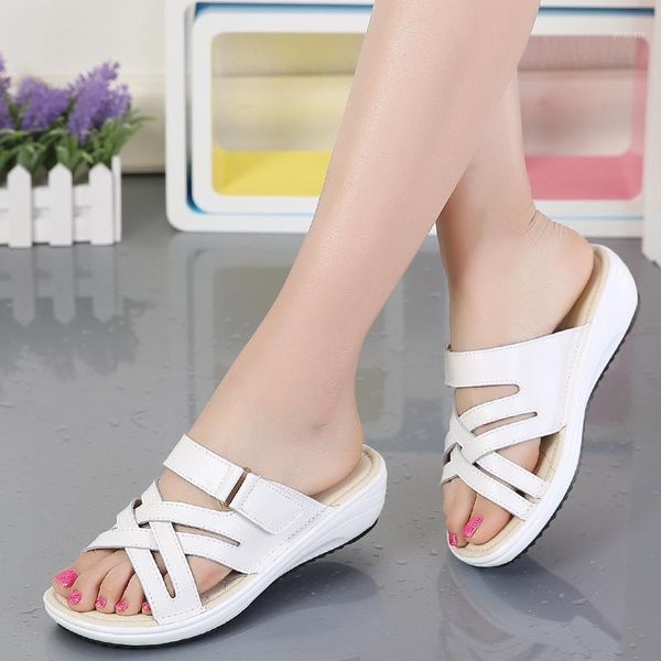 

sdz 2020 summer women slippers slip on round toe flat slides sandals women white black leather slippers flip flops 8571