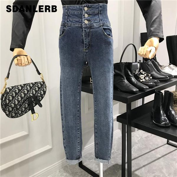 

retro high waist jeans women 2019 autumn winter personality three buckle skinny trousers with velvet inside pencil jeans pants1, Blue