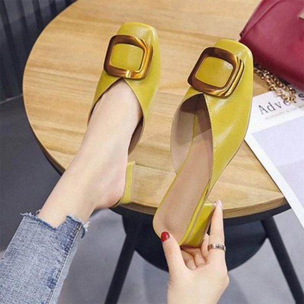 

women slippers ladies buckle square heel mules woman slip on slides women's square toe low heel shoes female casual footwear #fm36, Black