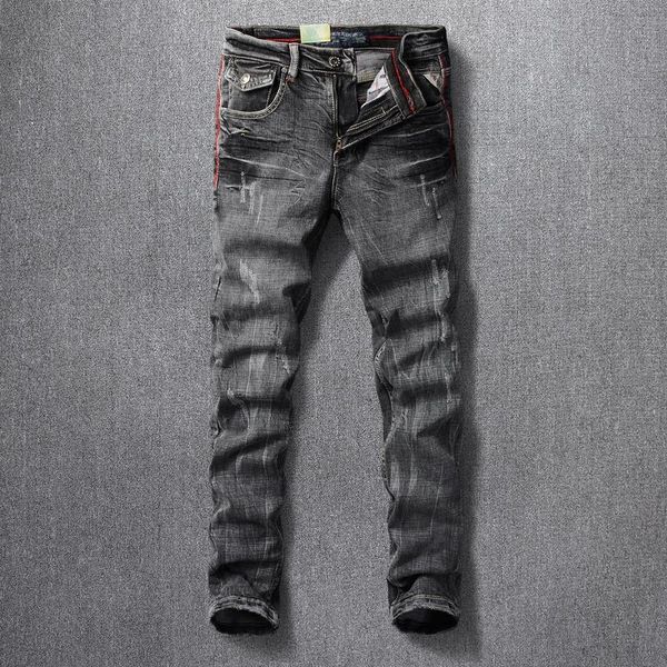 

italian style fashion men jeans retro black gray elastic slim fit distressed ripped denim trousers vintage designer cotton pants, Blue