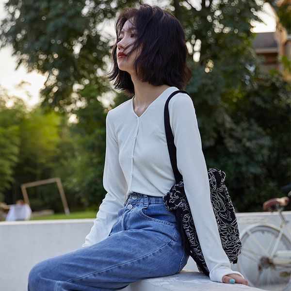 

autumn coatnew 2020 elastic thread slim v-neck women's korean long sleeve versatile bottoming autumn coatnew 2020 elastic thread slim v, White