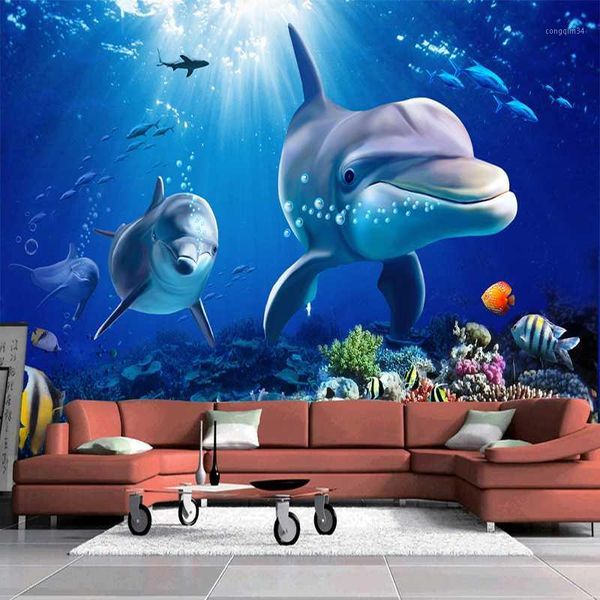 

drop shipping custom p wallpaper 3d dolphin underwater world background modern wall papers home decor tv wall painting1