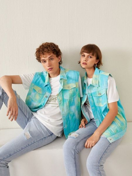 

1pc tie dye flap pocket denim jacket y2gw#, Blue