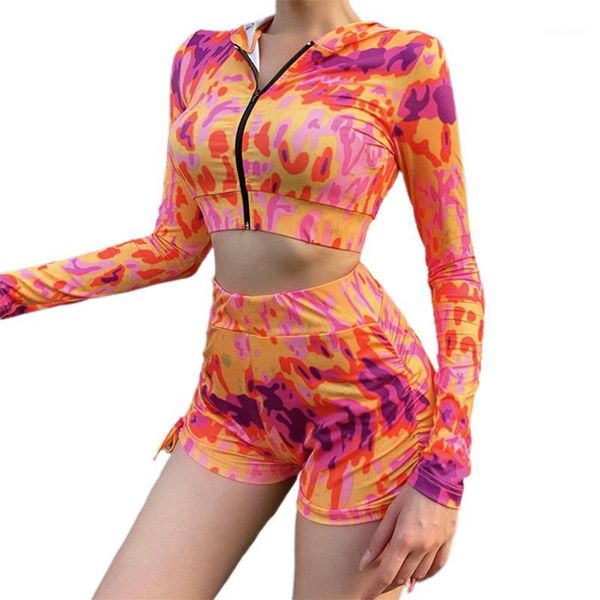 

gym clothing 2 pcs yoga sets women print sport outfits long sleeve zipper hooded crop high waisted shorts with side drawstring wear1, White;black