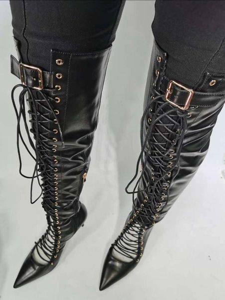 

ashiofu new ladies high heels boots cross-shoelace pointy night-club long shoes evening real-pics fashion allmatch boots, Black