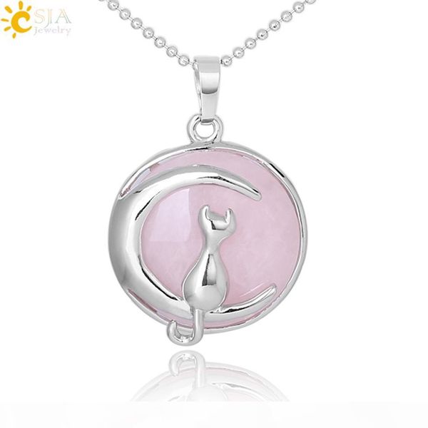 

csja cat on moon necklace chakra natural stone round bead pendants pink crystal green aventurine hardshell kitten charms lover jewelry f341, Silver