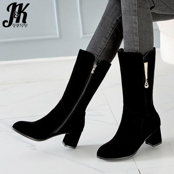 

jk mid-calf boots wome flock zip boot ladies fashion round toe crystal shoes female high heels shoes winter 2020 plus size 32-45, Black
