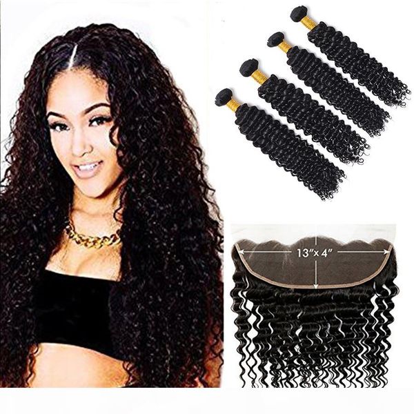 

13x4 ear to ear curly lace frontal closure with bundles 4pcs deep wave malaysian peruvian hair weaves and front lace closure pieces, Black;brown
