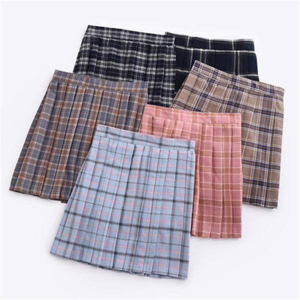 

skirts 2021 women summer high waist pleated plaid skirt female anime short, Black