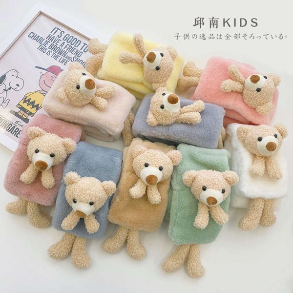 

version qiunan children's winter korean cute bear baby's neck thickening warm plush scarf, Red;brown