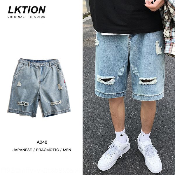 

2020 summer baggy straight tube shorts korean casual solid color trend washed and jeans shorts and jeans slim pant vhxwy, Blue