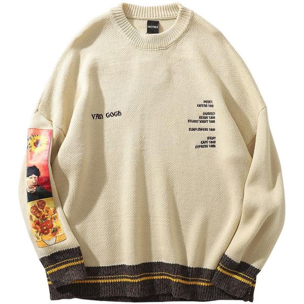 

men sweater 100% cotton hip hop pullover streetwear gogh painting embroidery knitted retro vintage autumn wool sweaters mens, White;black