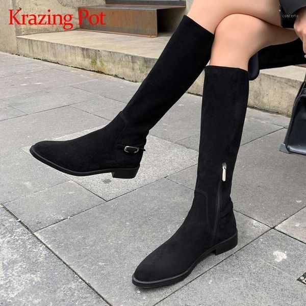 

krazing pot 2020 new style genuine leather round toe med heel riding boots winter keep warm convenient cozy knee-high boots l701, Black