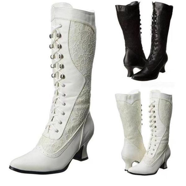 

shoes woman winter mid-tube fashion boots women zip high heeled boots lace pointed toe shoes side woman high heel, Black