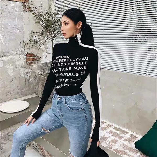 

xibani casual letter print womens high neck black and white contrast bottoming with long sleeves in autumn winter shirt