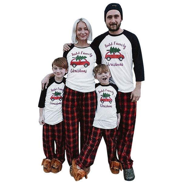 

christmas parent-child grid xams tree printed pajamas sets matching long sleeve +plaid pants 2pcs suit adults kids home clothes e110203, Blue;red